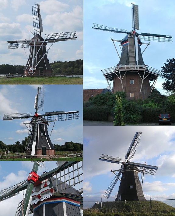 Foto's van windmolens en een wiekverbinding