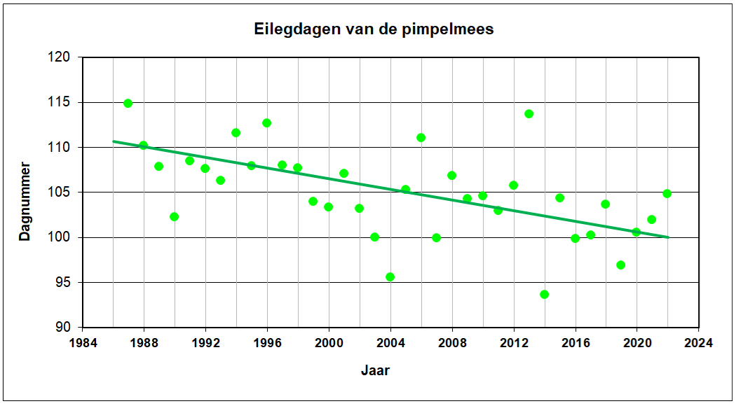 Gemiddelde eilegdag pimpelmees Grafiek van de dag in het jaar waarop de pimpelmees zijn ei legt